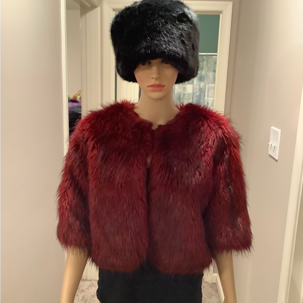 Fabulous Furs Faux Red Chubby Crop Bolero Jacket Si Large